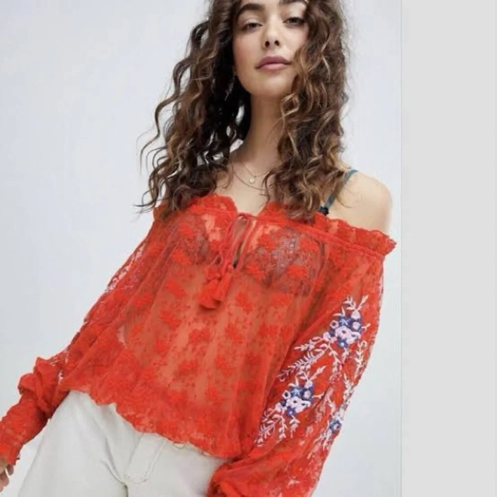 Free People | Jubilee | Embroidered Lace Top | Tassel Tie | Red Multi | S 🕗